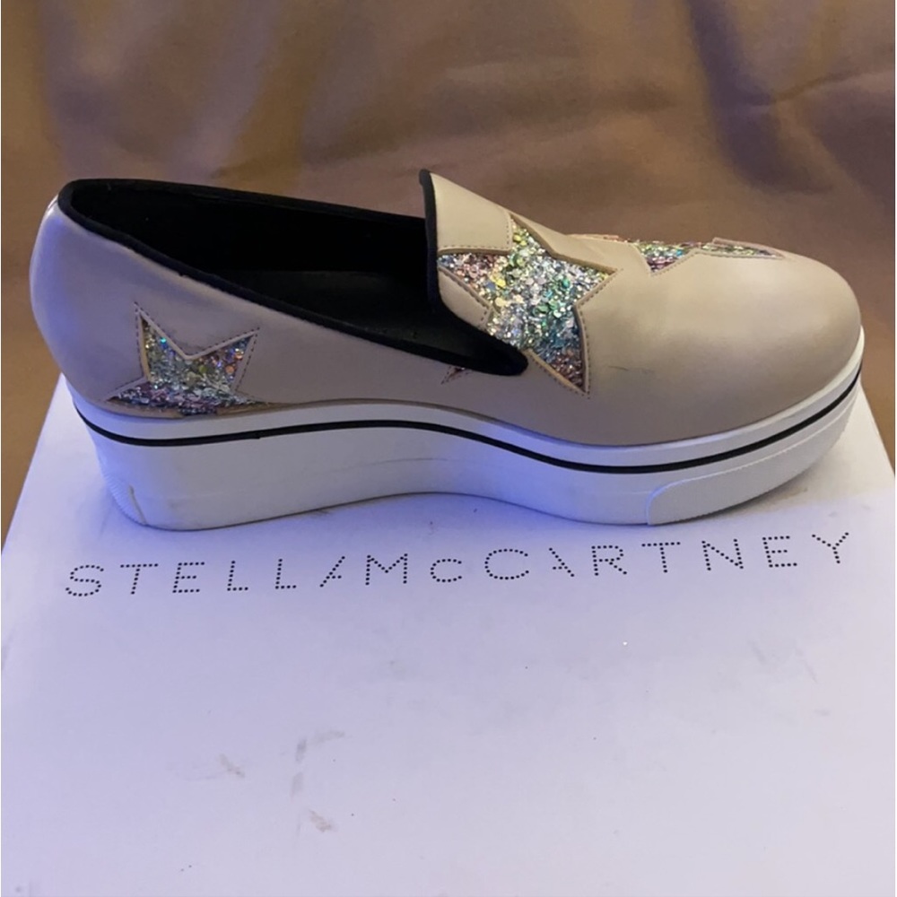 Stella McCartney Binx Slip On Platforms 38 Euro/8 US Khaki w/ 🌈 Sparkle Stars - Picture 10 of 11